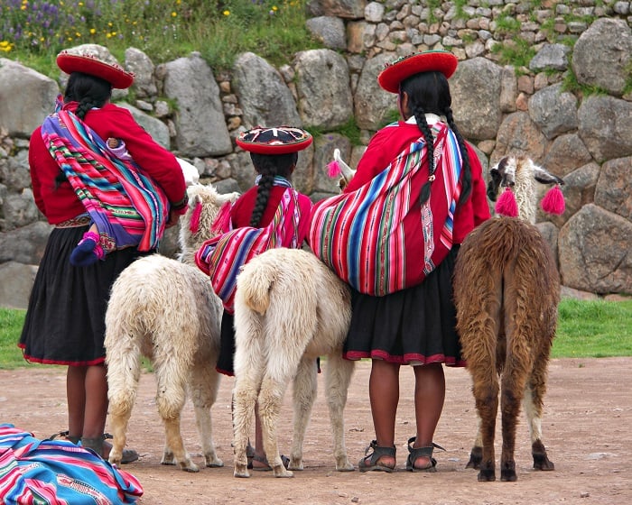 Peruvian Girls and Alpacas at Sacsayhuaman, Cusco Peru