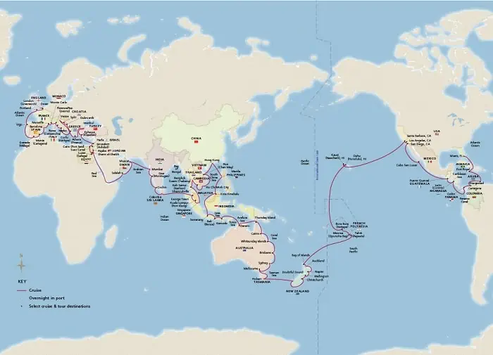 Sample Itinerary map for an Around the World Cruise - Once in a Lifetime!