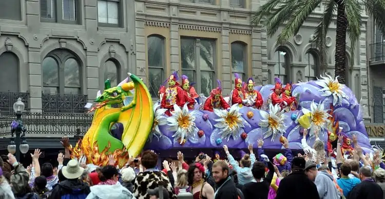 Throwing Beads From the Float in New Orleans