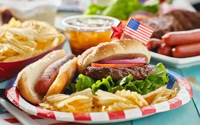 Traditional 4th of July Foods - with hamburger and hot dog