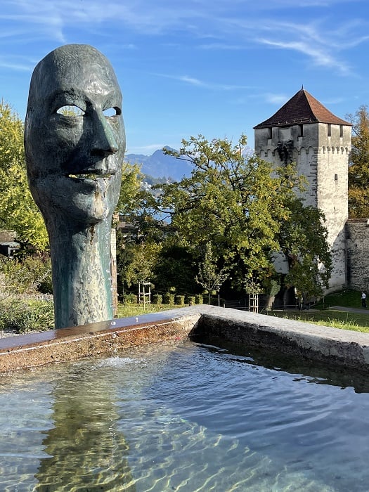 Lucerne Musegg Wall Rampart with contemporary Sculpture in the forefront