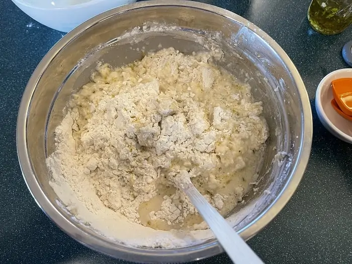 Picture of no-knead focaccia dough being mixed