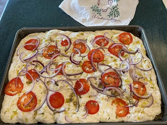 No-Knead Focaccia Dough With Toppings Ready For the Oven