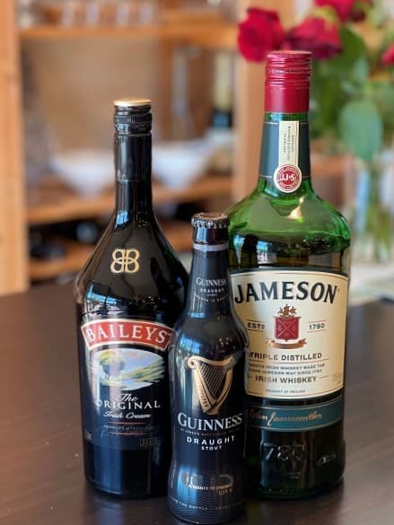 A photo of Irish LIbations, Bailey's Irish Cream, Guinness, and Jameson Irish Wiskey