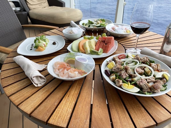 Transatlantic Cruise - Lunch on Our BalconyNicoise Salad Shrimp Melon and Wine