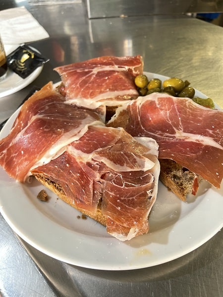 Spanish Ham & Tomatoes on Bread with Olives