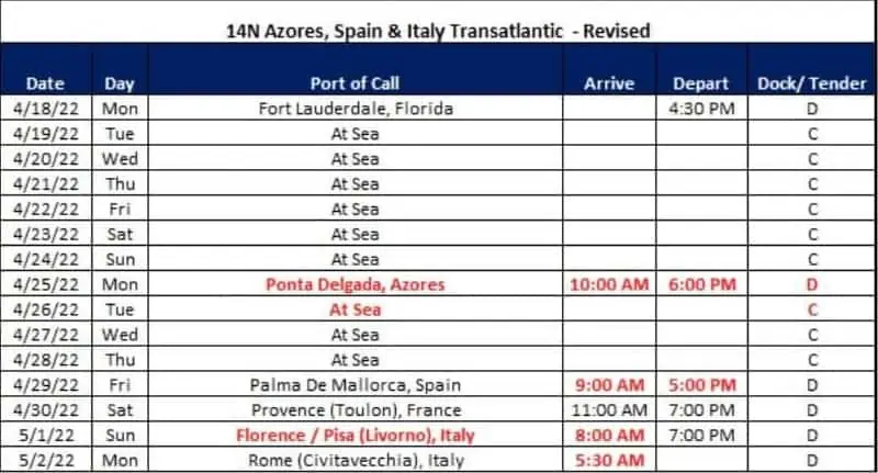 Itinerary For Transatlantic Cruise
