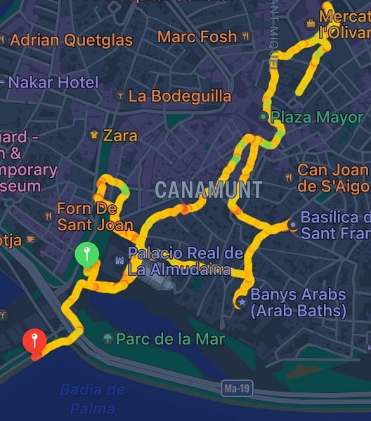 A Map from my iWatch showing our walk on One Day In Palma de Mallorca