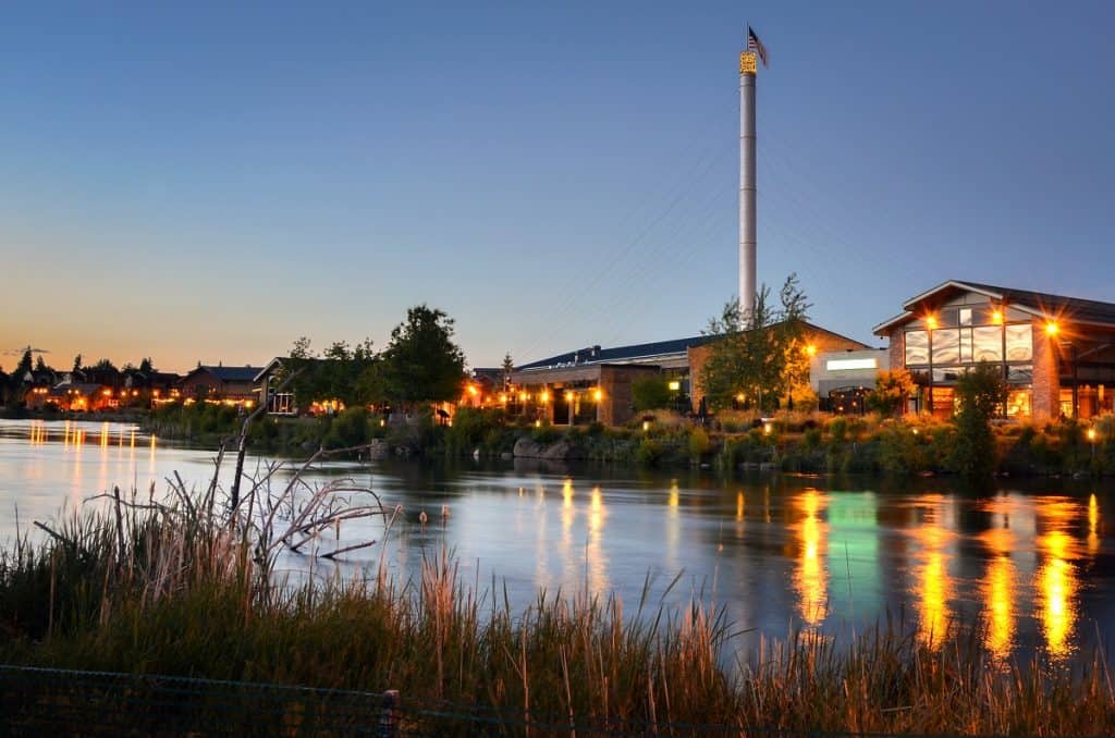 A view of the Old Mill District In Bend Oregon at Night From The Deschutes River
