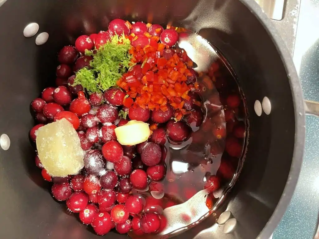 All the ingredients for Spicy Cranberry Sauce in the Sauce Pan