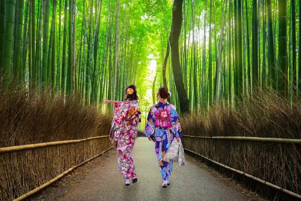 Women in kimono at the bamboo forest of Arashiyama near Kyoto, Japan