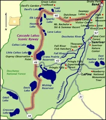 A map of the Cascade Lakes Scenic Byway