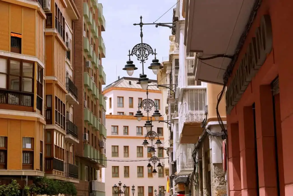 Art Nouveau buildings and street lights in Cartagena Spain