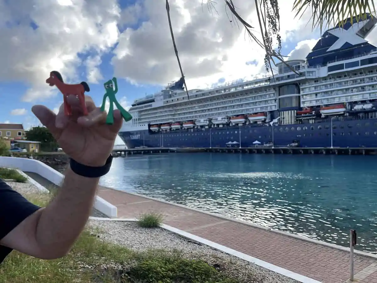 Bonaire Cruise Port with a photo of DH Holding Gemby & Pokey with The Cruise Ship Summit in the Background