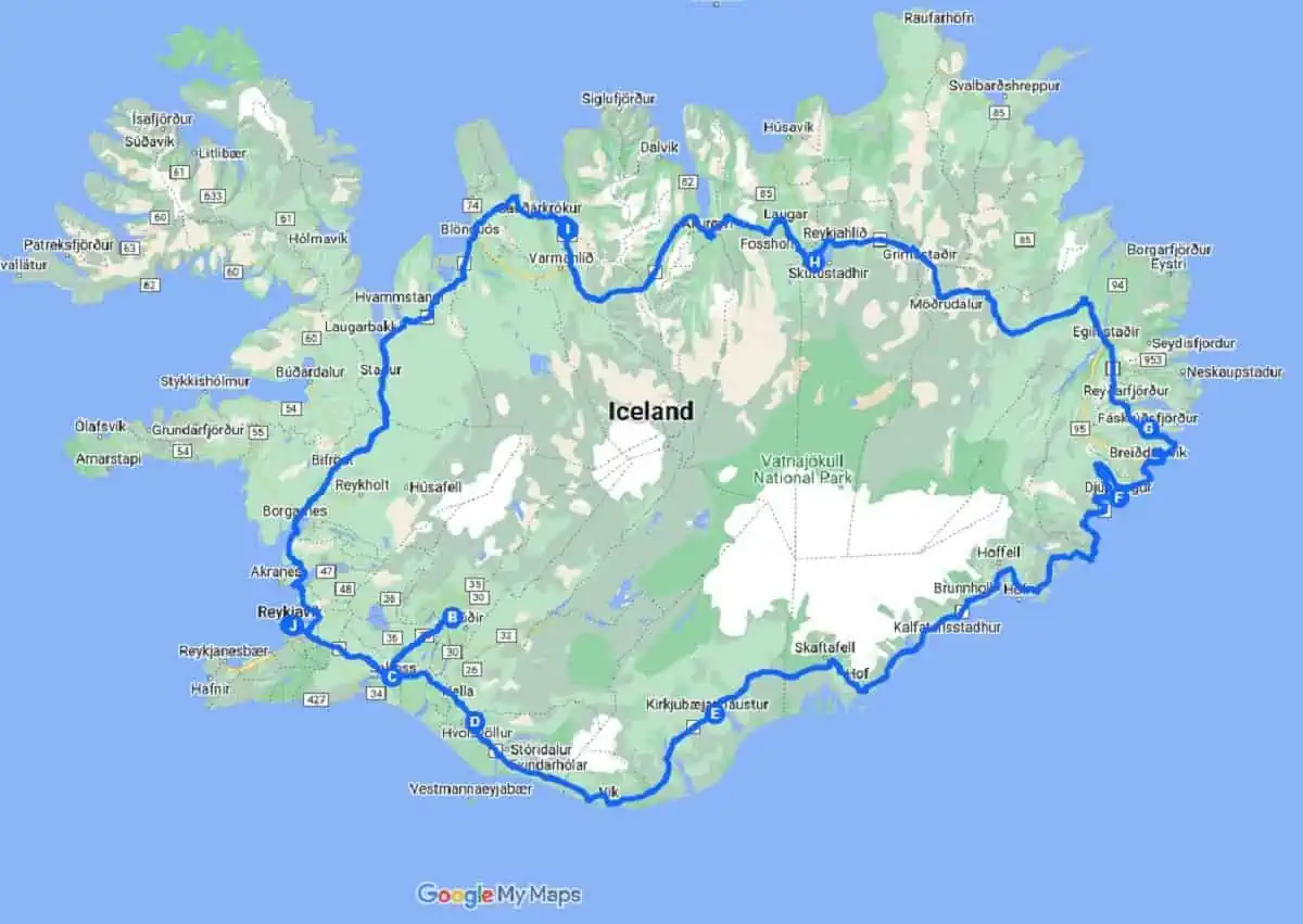 Map of tour of Iceland In January