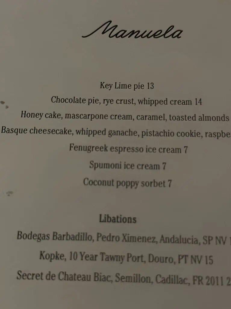 The dessert menu from Manuela