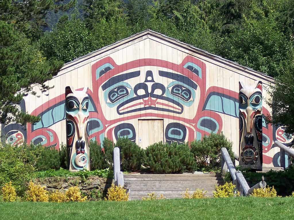 The Brightly Painted Clan House at Saxman Village outside Ketchikan Alaska