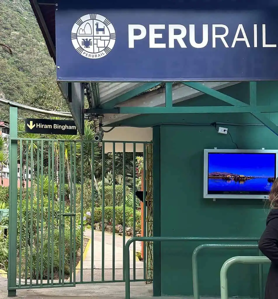 The Entrance To the Hiram Bingham Train Station  at Machu Picchu Pueblo with the PeruRail Sign In front