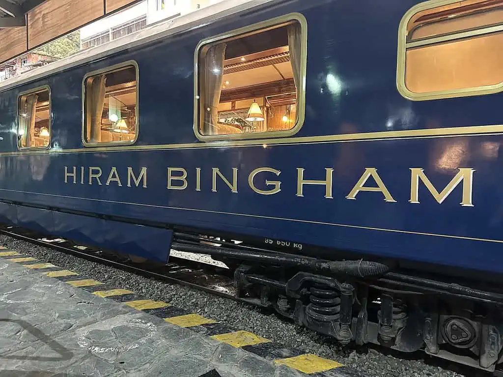 A photo of a Blue and Gold Hiran Bingham train car.