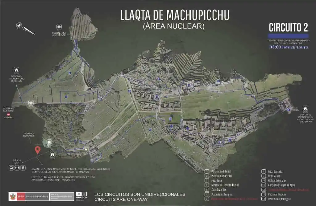 Arial Map of Machu Picchu With Circuit 2 Outlined in Blue.