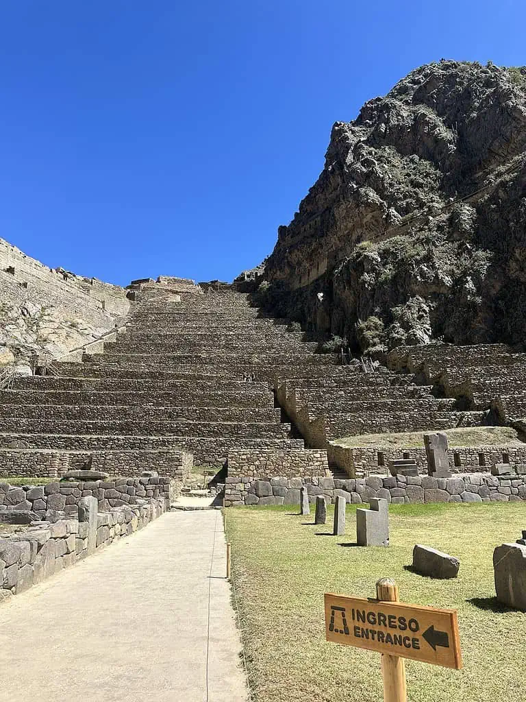 Terraces leading up the mountain side at the entrance to Ollantaytambo Peru