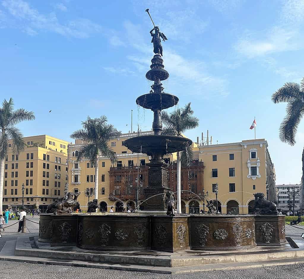 The Fountain in the Center of Plaza de Armas of Lima 