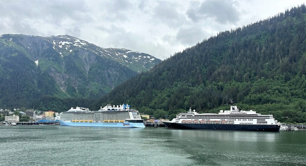 RCL Quantum of the Seas and Holland America Volendam Ships docked in Juneau Alaska
