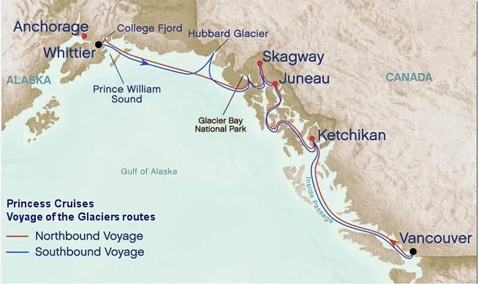 Map of the cross gulf Alaska cruise route 