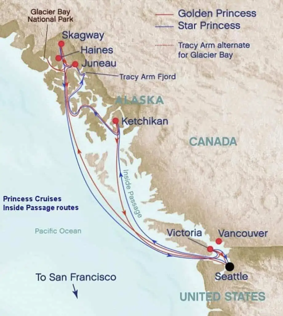 map of the inside passage Alaska cruise route 
