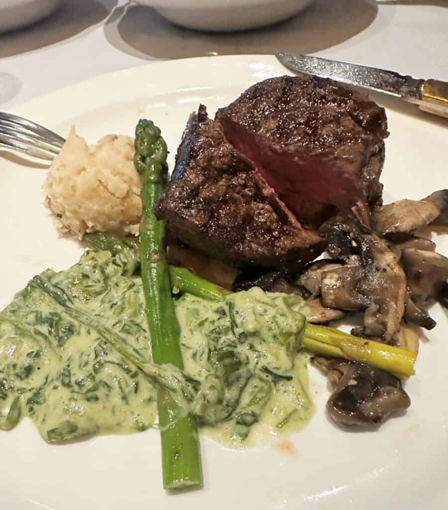 Steakhouse dinner with Filet Mignon, Creamed Spinach, Asparagus, and Mushrooms