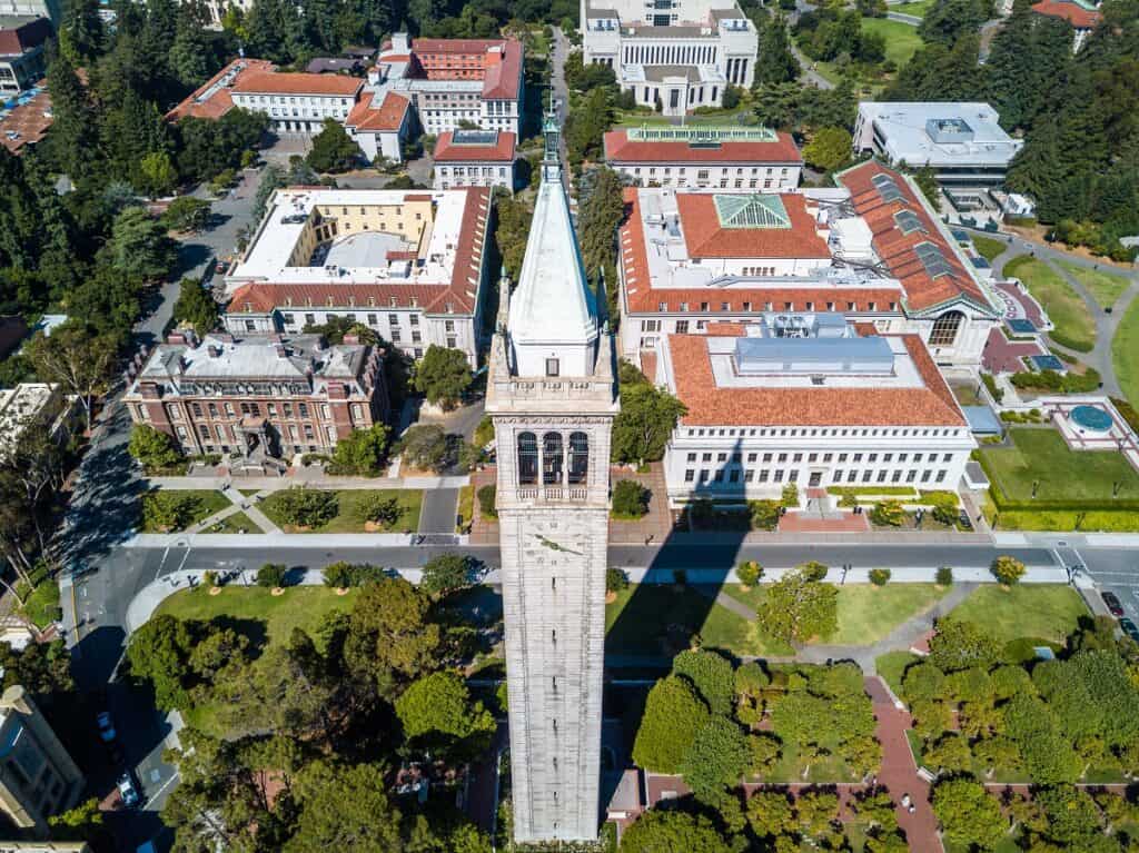 Aerial view of Sather Tower of University of California in Berkely