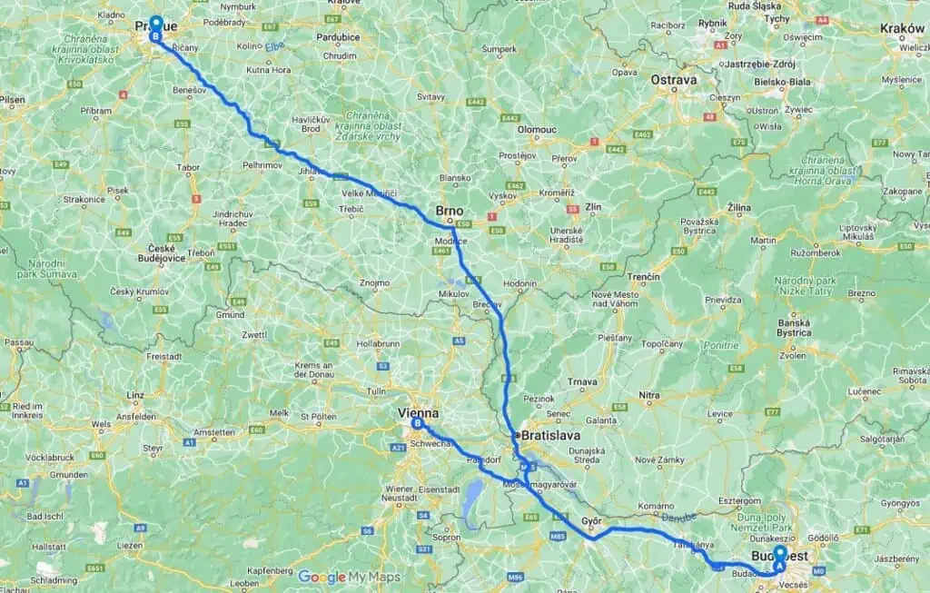 Map-Prague-Budapest-Vienna