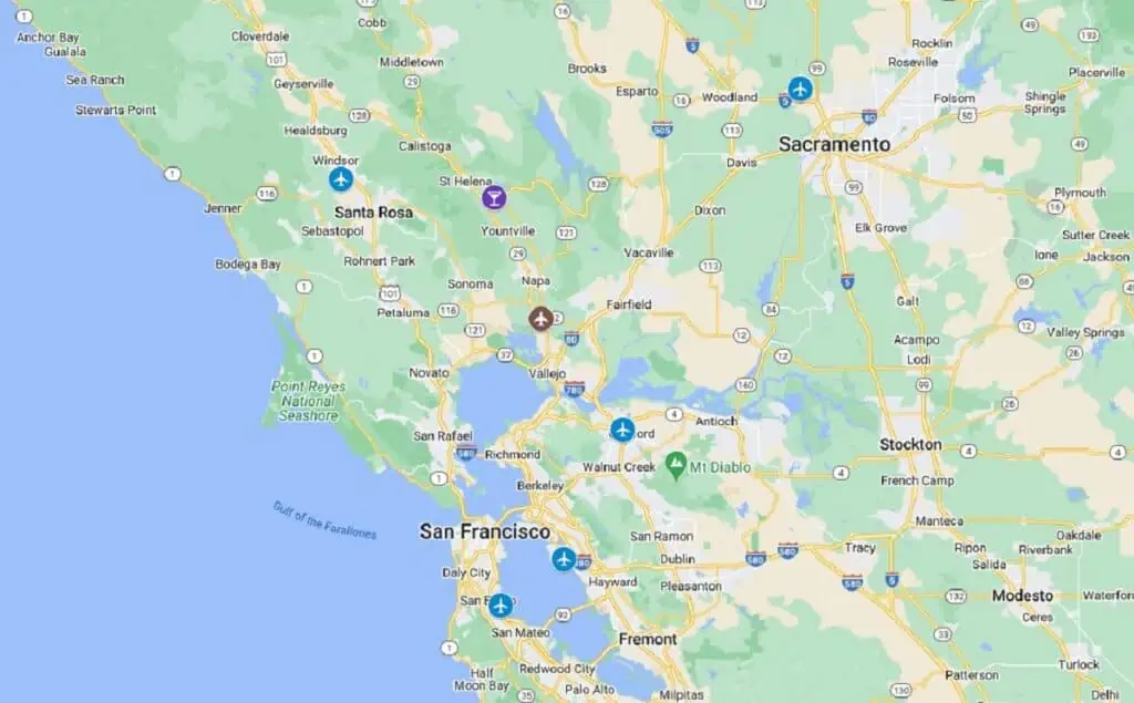 A Google Map Showing the Closest Airports to Napa Valley Wine Country
