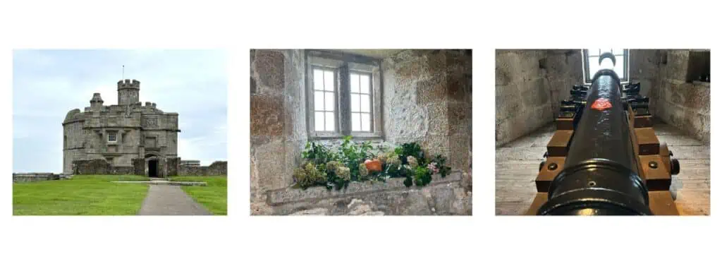 Triptych of  Pendennis Castle (L) Pendennis Keep (M) Window with Fall Foliage (R) Cannon