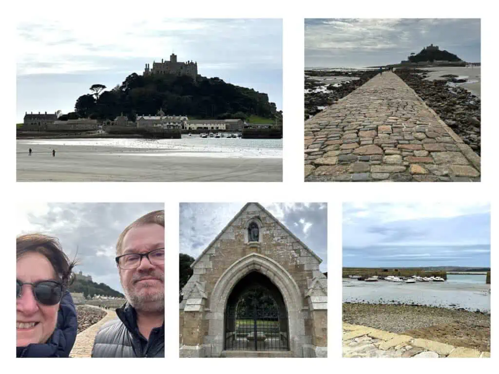 Pictures of St. Michael's Mount (UL) The island and castle from the mainland; (UR) The causeway at low tide; (LL) Author and Hubby; (LM) Tomb at Island Entry (LR) Harbor at Low Tide With Boats On The Sand