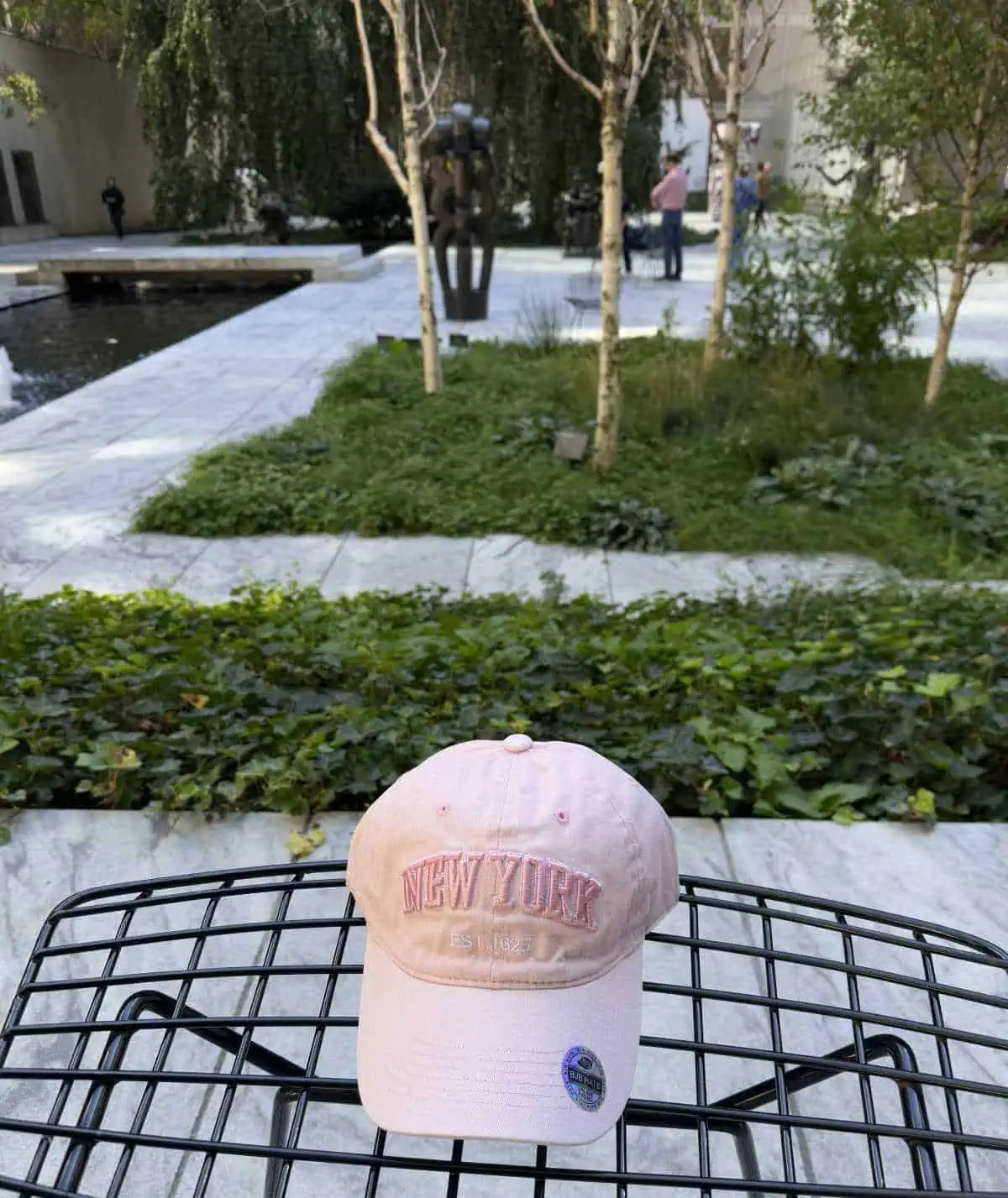 New York City Before A Cruise: Sailing From the Red Hook Cruise Terminal 2 New York City Before A Cruise.
Pink "New York" baseball cap placed on a metal grid in an outdoor park setting with trees and pathways.