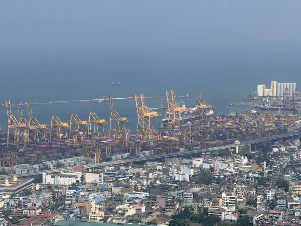 1 Day in Port: Colombo, Sri Lanka – Fishing Villages, sacred Buddhist Temples, Life In And Beyond the Capital 20 View of the Harbor from the top of Colombo's Lotus Tower with our cruise ship in the distande