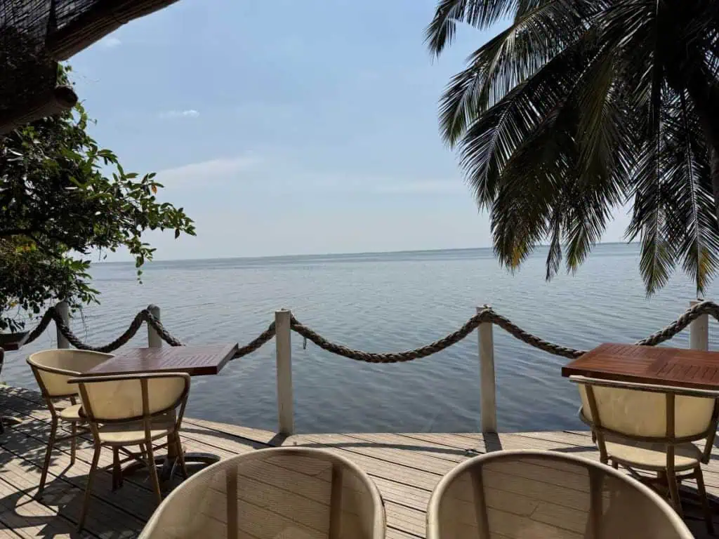 1 Day in Port: Colombo, Sri Lanka – Fishing Villages, sacred Buddhist Temples, Life In And Beyond the Capital 7 Our Lunch stop: Tables and Chairs on a Deck overlooking the Negombo Lagoon