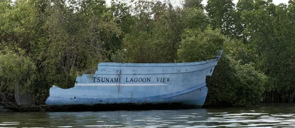 1 Day in Port: Colombo, Sri Lanka – Fishing Villages, sacred Buddhist Temples, Life In And Beyond the Capital 10 Tsunami Lagoon View boat resting on the water surrounded by lush greenery, showcasing a tranquil lagoon scene.