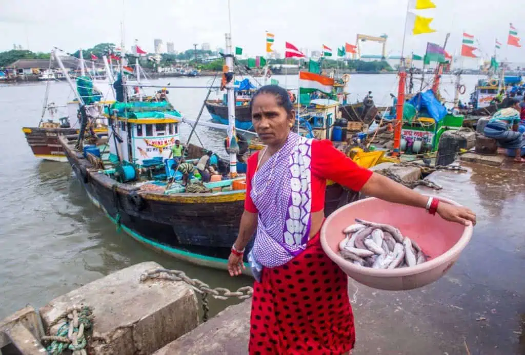 2 Days in Mumbai Before a Cruise: Markets, Street Life, Food, and Local Culture 18 A woman carring fish from the boats at the Sassoon Dock Fish Market Mumbai