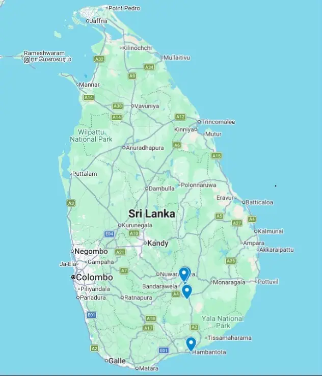 1 Day in Port Hambantota, Sri Lanka: Buduruwagala Temple, Nine Arch Bridge & Ravana Falls 2 A clickable map of Hambantota Sri Lanka showing the stops made on our tour.